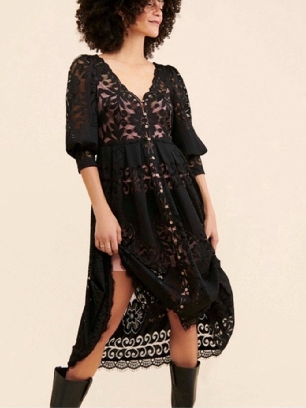 Free People Black Lace Midi Dress with Pink Lining